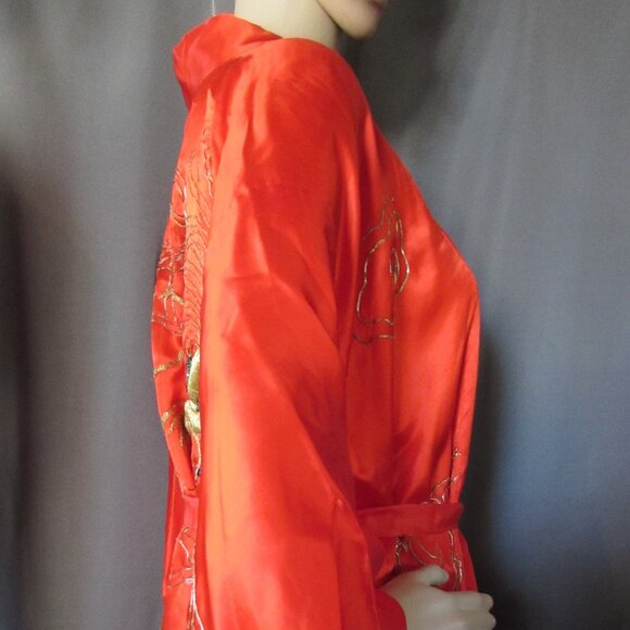 Exotic Kimono Style Robe Cherry Red Gold Blue Metallic Accents - Picture 8 of 16